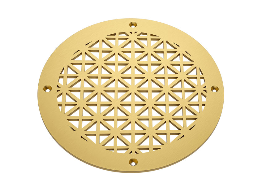 Asher Solid Brushed Brass Unlacquered Round Grille on white background