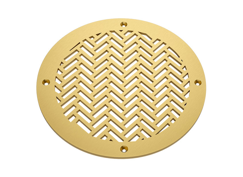 Herringbone Solid Brushed Brass Lacquered Round Grille on white background