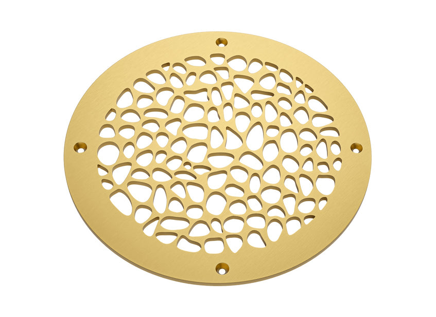 Pebbles Solid Brushed Brass Lacquered Round Grille on white background
